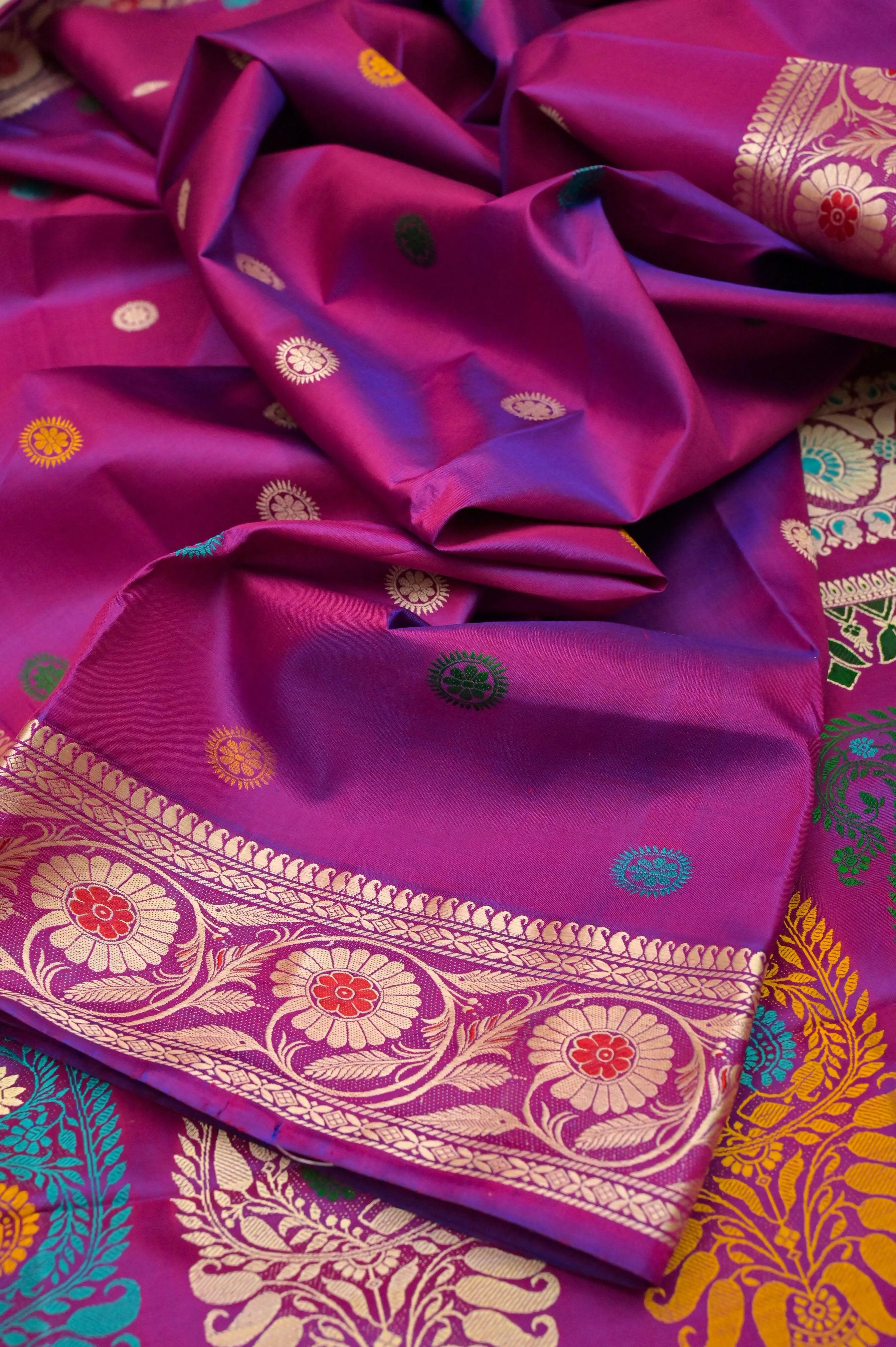 Violet and Magenta Dual Tone Pure Revival Baluchari Silk Saree with Meenakari Work