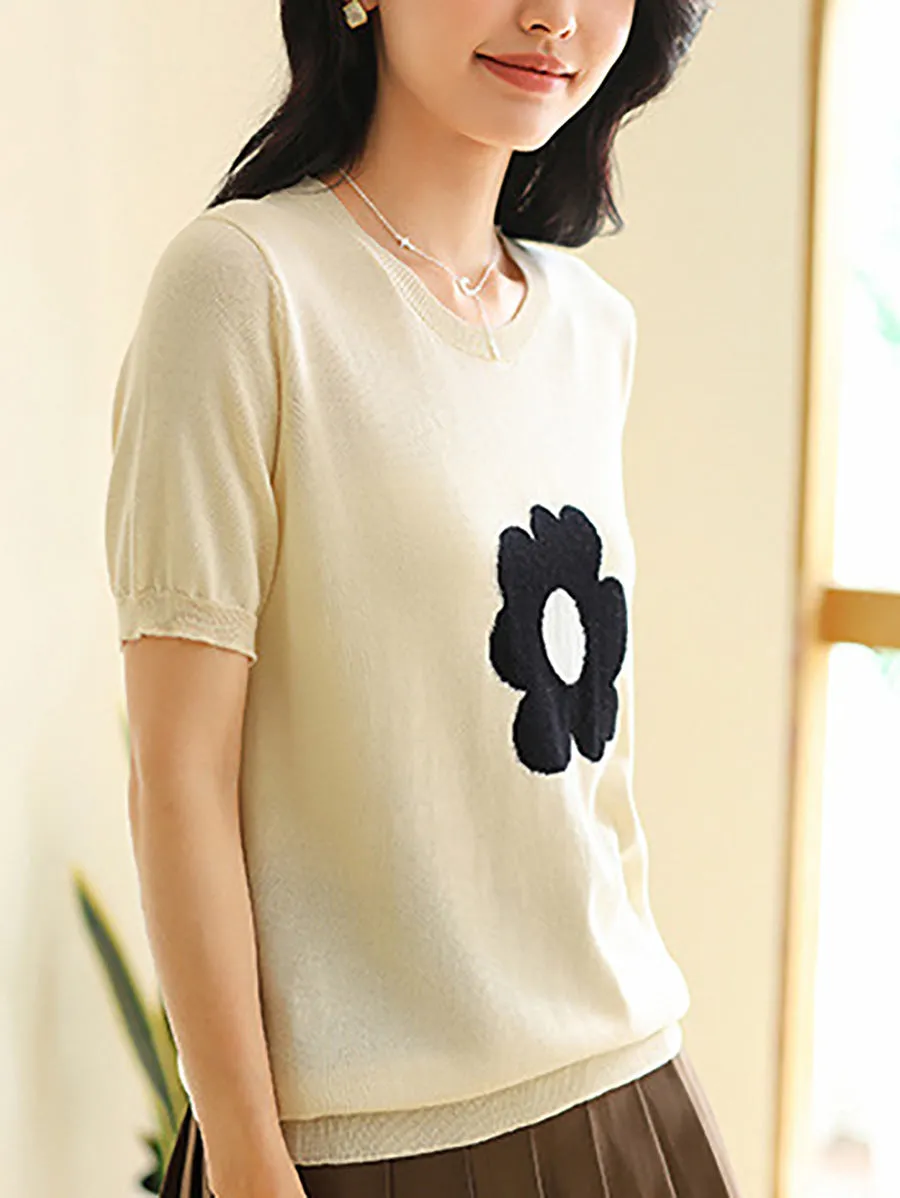 Women Summer Casual Flower Knitted Shirt KL1038