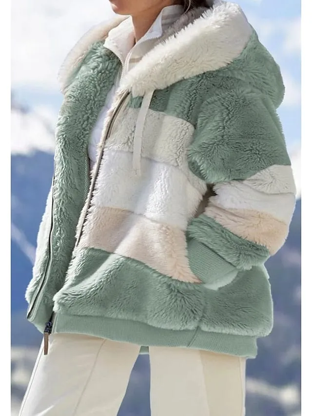 Women's Plus Size Color Block Teddy Coat with Zipper and Hood - Army Green/Camel Green