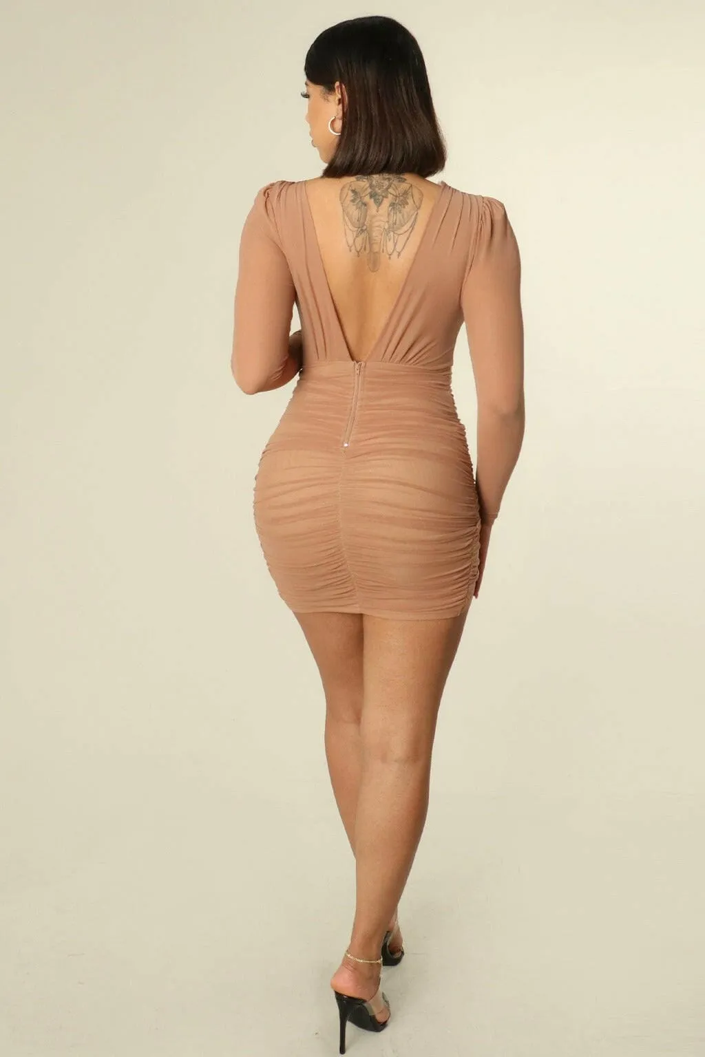 WRAP STYLE DEEP MINI DRESS-Brown